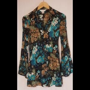 Ann Taylor Peacock Colored Floral Blouse/Tunic With Bell Sleeves Size Small